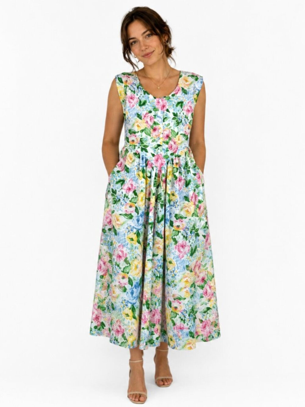 VTG 90s Willow Ridge Drop Waist Floral Midi Dress 8 Pocket Button Basque Cottage